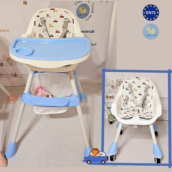საბავშვო სკამ-მაგიდა - 2/1-ში მოდელი - Baby High Chair - ცისფერში - ცხოველების გამოსახულებით